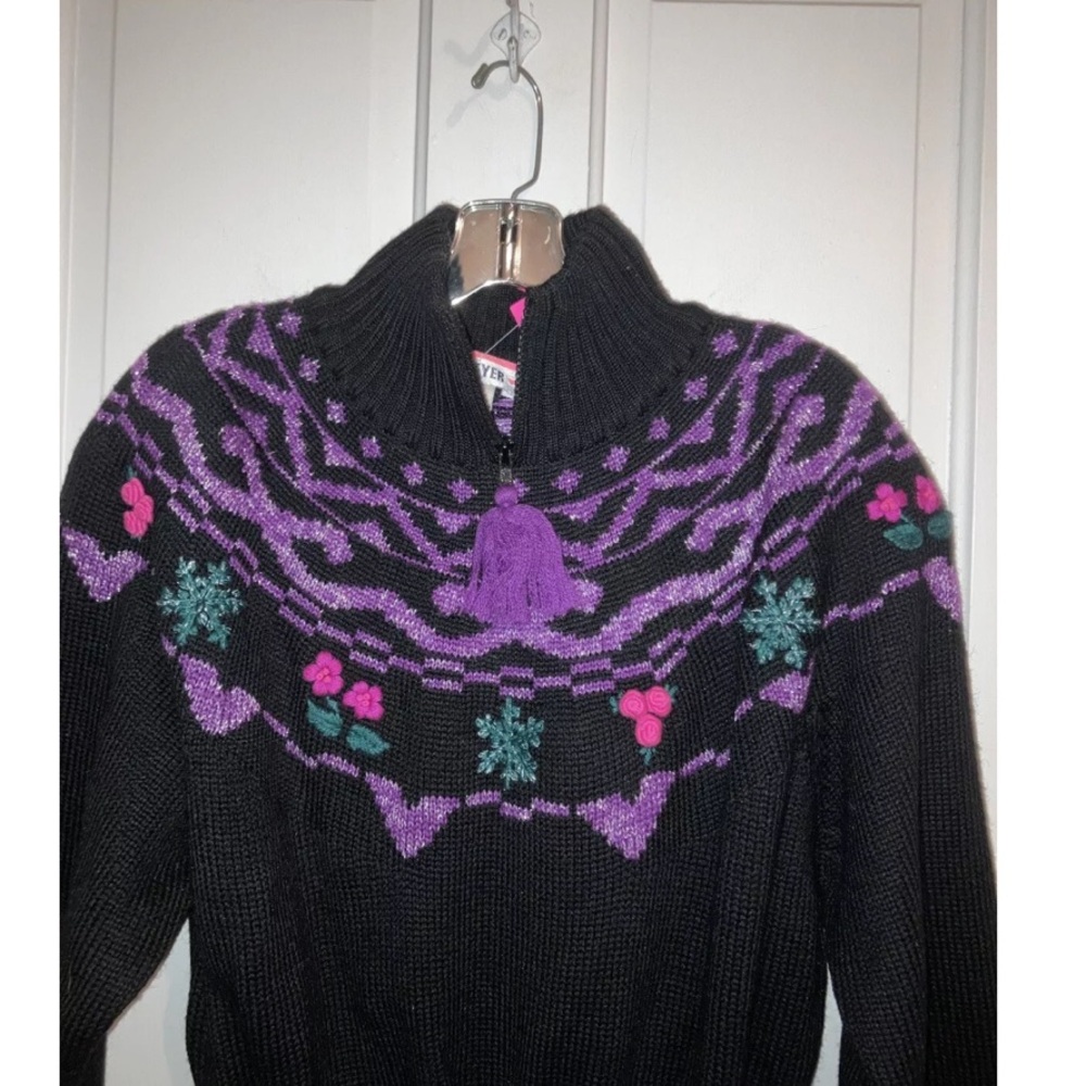New Vintage 80s Obermeyer wool blend Fair Isle Folk Sweater Floral embroidered L